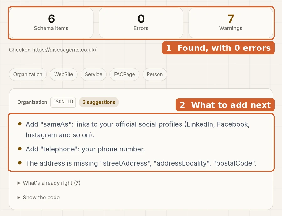 Our free schema checker, run on our own homepage. 1: it found 6 blocks of business code, with 0 errors. 2: what to add next, such as a phone number and social profile links.