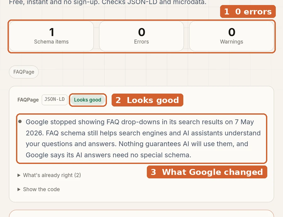 The result for our example code. 1: 0 errors and 0 warnings. 2: Looks good. 3: a note on what Google changed in May 2026.