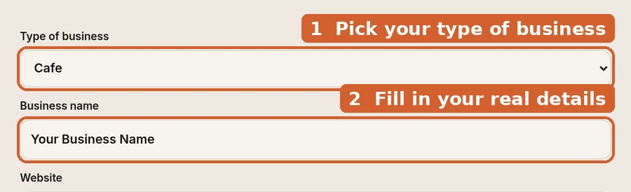 Our free schema generator. Step 1: pick your type of business. Step 2: fill in your real details.