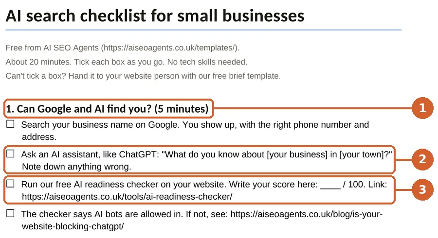 Our free AI search checklist. 1: each section is one question. 2: one tick box per job. 3: write down your score from our free checker.